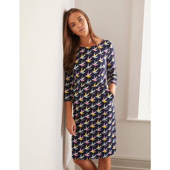 Boden Penny Jersey Swallow Dress Size UK 10L/US 6L Navy 3/4 sleeves midi preppy - Picture 1 of 13